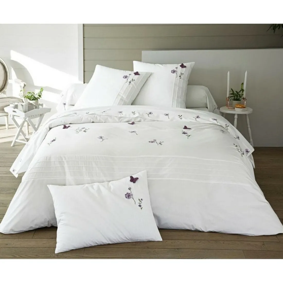 Housse de couette percale de coton broderies et plis plats DR.LORENZA - Blanc
