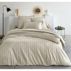 Housse de couette satin de coton 2 faces uni / rayé TERTIO® - Ecru