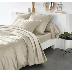 Housse de couette satin de coton 2 faces uni / rayé TERTIO® - Ecru