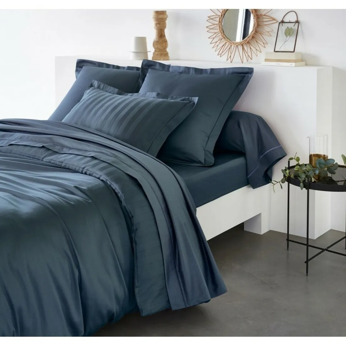 Housse de couette satin de coton 2 faces uni / rayé TERTIO® - Bleu Indigo