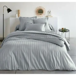 Housse de couette satin de coton 2 faces uni / rayé TERTIO® - Gris Perle