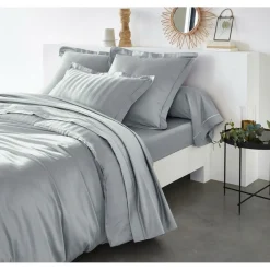 Housse de couette satin de coton 2 faces uni / rayé TERTIO® - Gris Perle