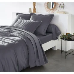 Housse de couette satin de coton 2 faces uni / rayé TERTIO® - Anthracite