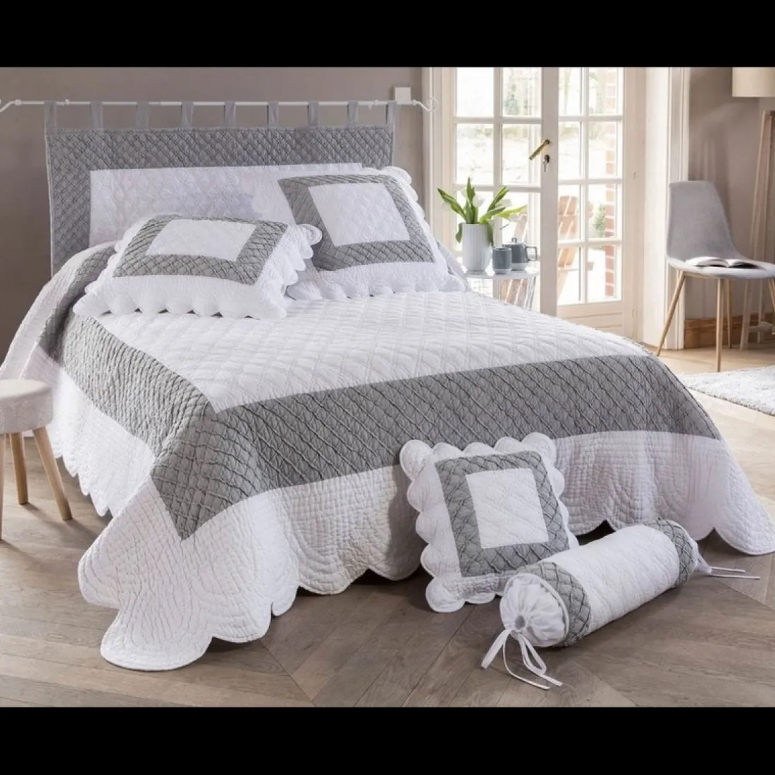 Housse polochon 50xdiam.15 - Blanc - Gris