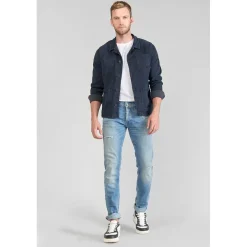 Jeans ajusté stretch 700/11, longueur 34 bleu en coton Leo