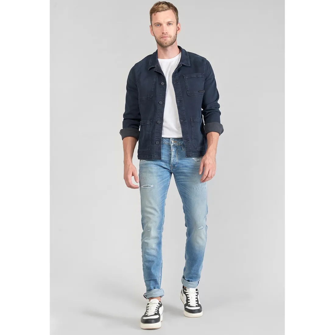 Jeans ajusté stretch 700/11, longueur 34 bleu en coton Leo