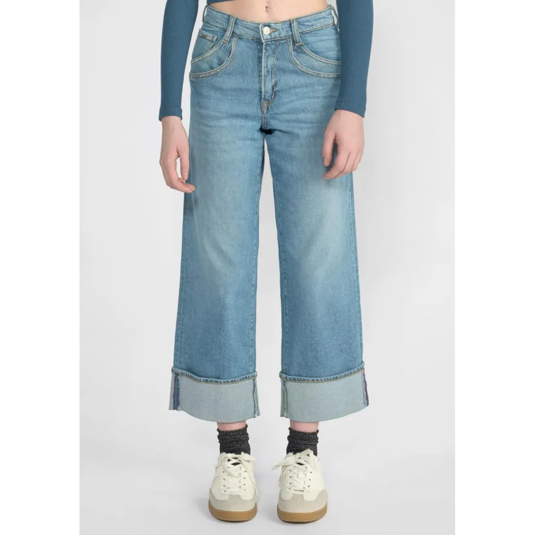 Jeans fille, regular, droit regular large taille haute, longueur 34 bleu Lise en coton