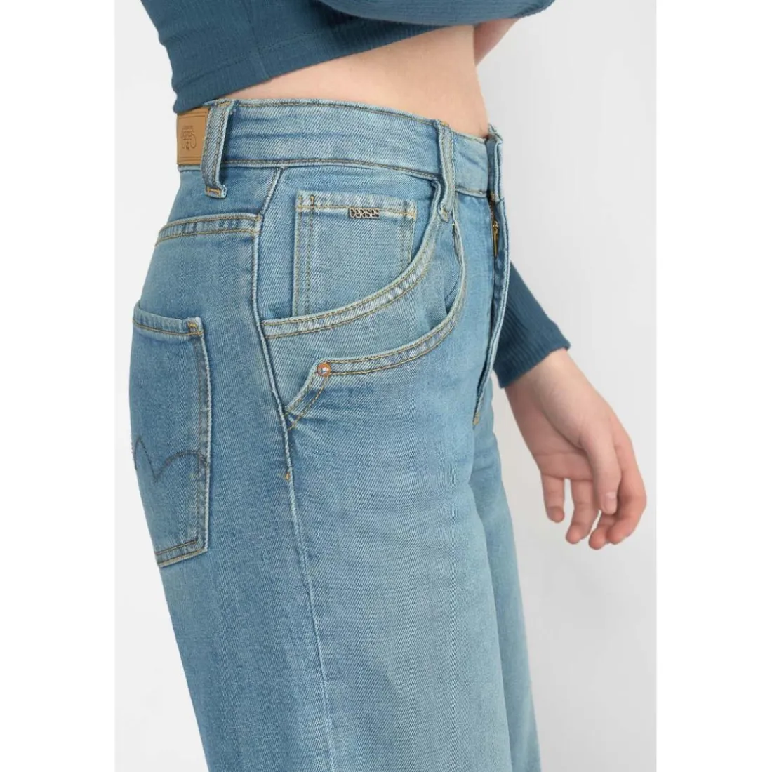 Jeans fille, regular, droit regular large taille haute, longueur 34 bleu Lise en coton