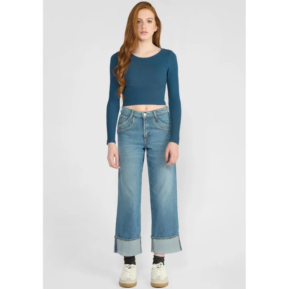 Jeans fille, regular, droit regular large taille haute, longueur 34 bleu Lise en coton