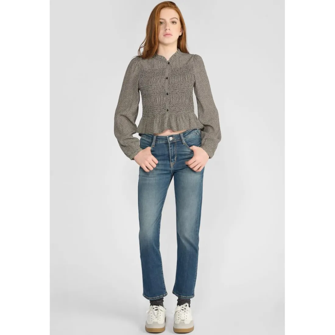 Jeans fille, regular, droit regular taille haute, longueur 34 bleu Eve
