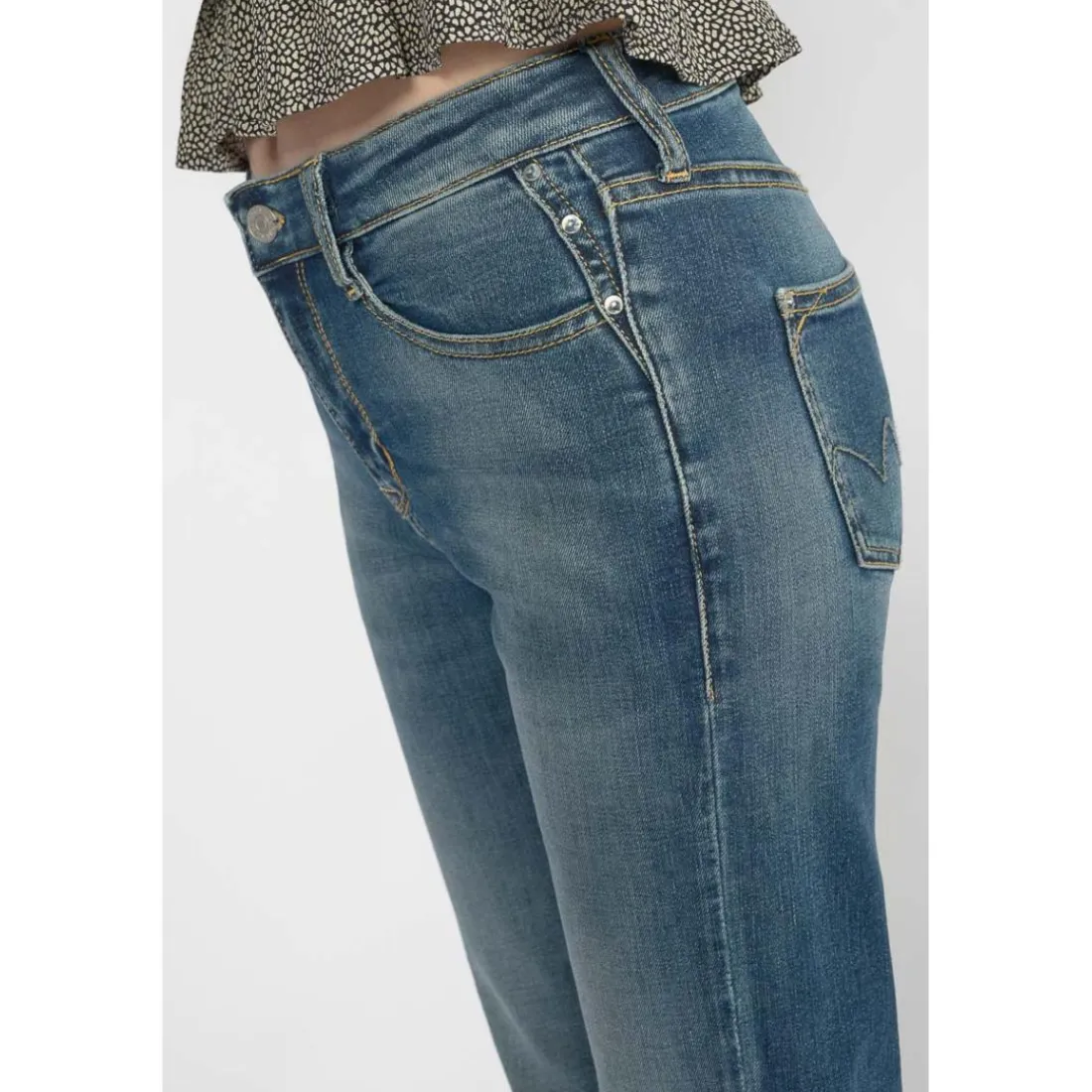 Jeans fille, regular, droit regular taille haute, longueur 34 bleu Eve