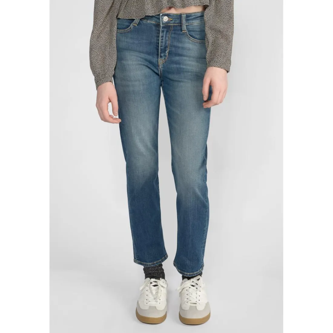 Jeans fille, regular, droit regular taille haute, longueur 34 bleu Eve