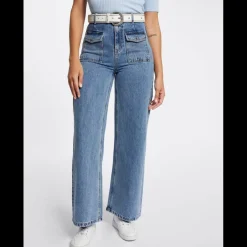 Jeans large taille haute bleu en coton