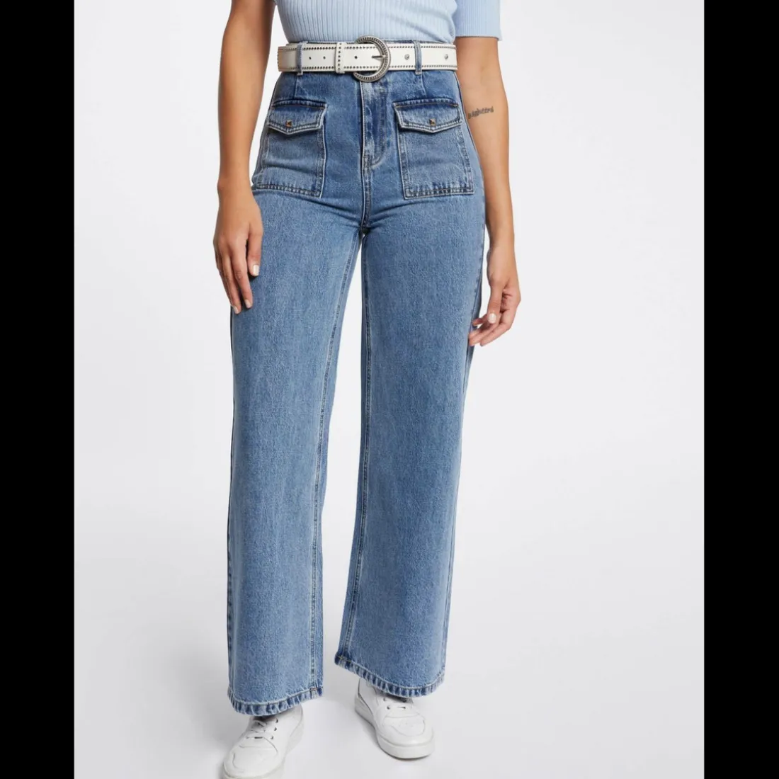 Jeans large taille haute bleu en coton