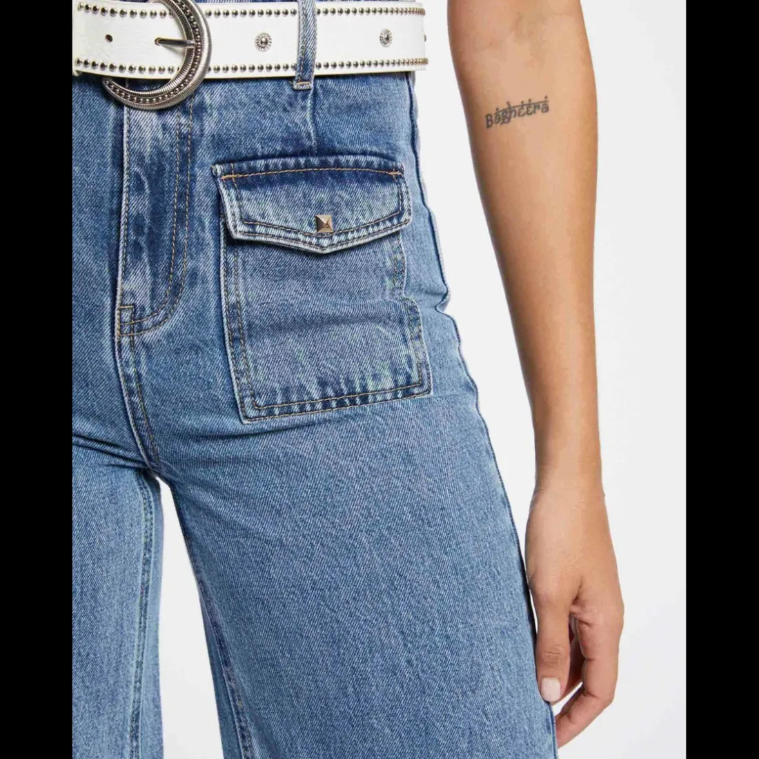 Jeans large taille haute bleu en coton