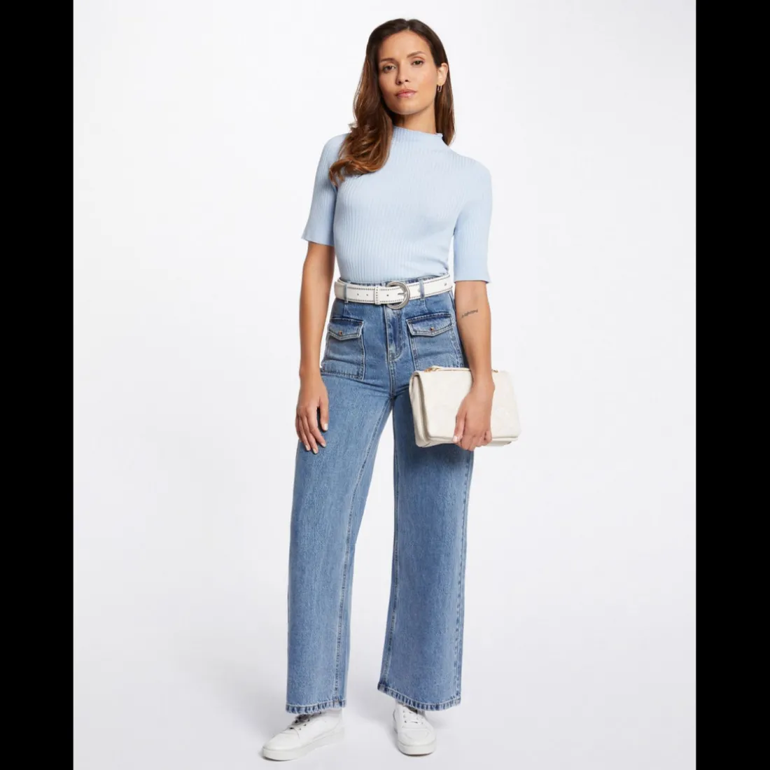 Jeans large taille haute bleu en coton