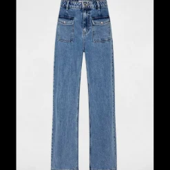 Jeans large taille haute bleu en coton