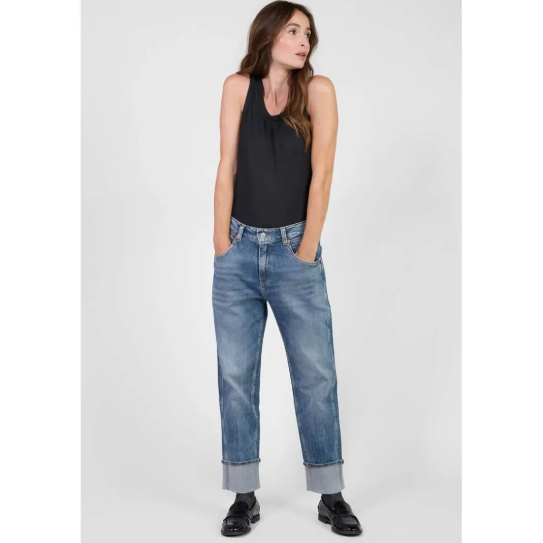 Jeans loose, large 400/60 girlfriend taille haute, longueur 34 bleu Molly