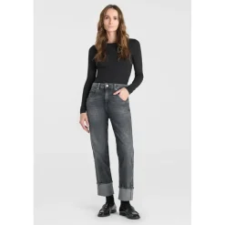 Jeans loose, large 400/60 girlfriend taille haute, longueur 34 gris Eva en coton