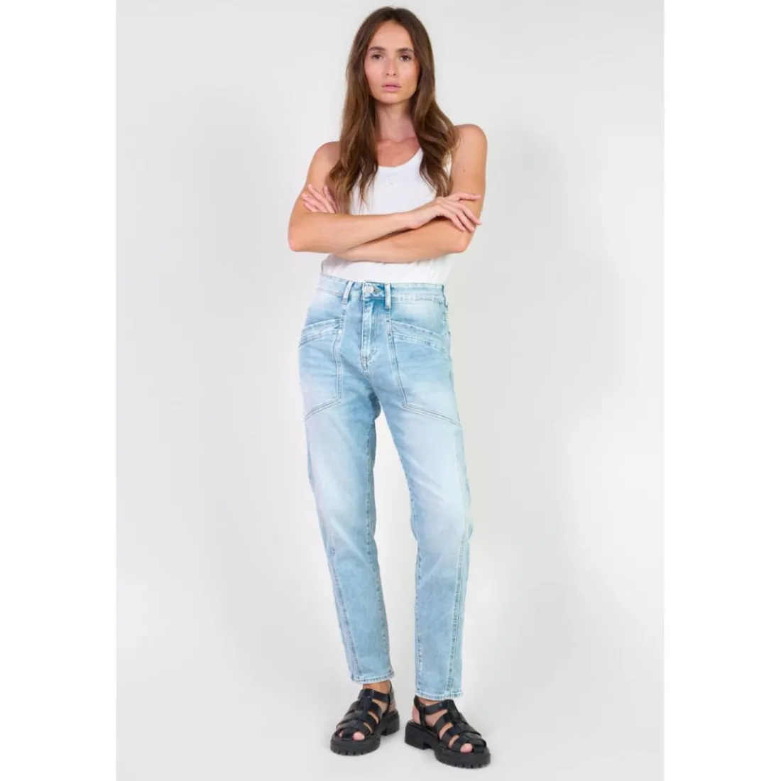 Jeans loose, large 400/60 girlfriend taille haute, 7/8ème UNION bleu en coton Jade