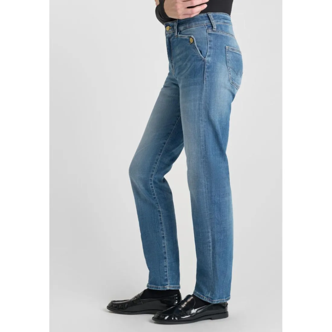 Jeans mom , 7/8ème bleu en coton Lola