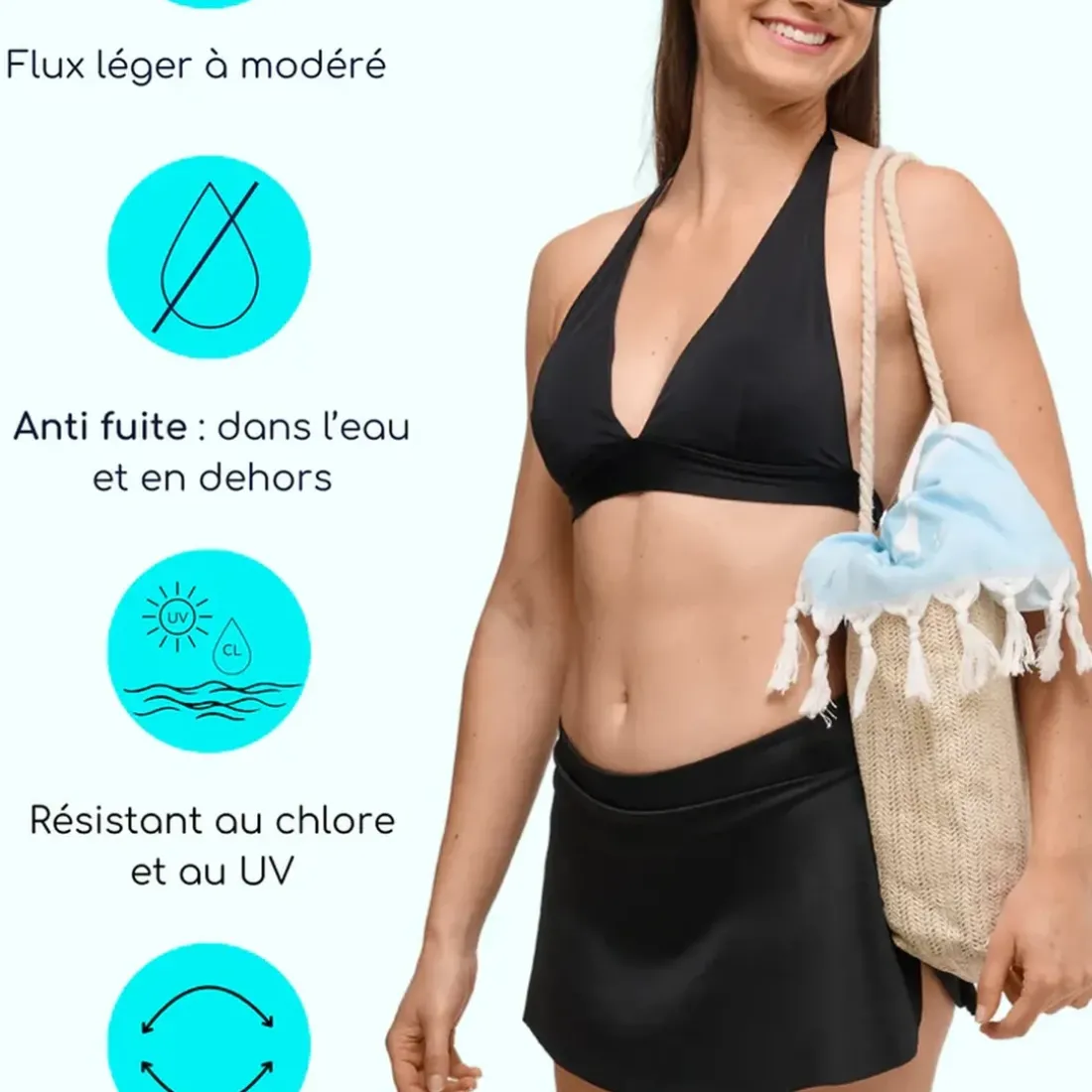 Jupe de bain - Maillot Menstruel - Anti fuite - Flux Moyen - Aria noir en nylon