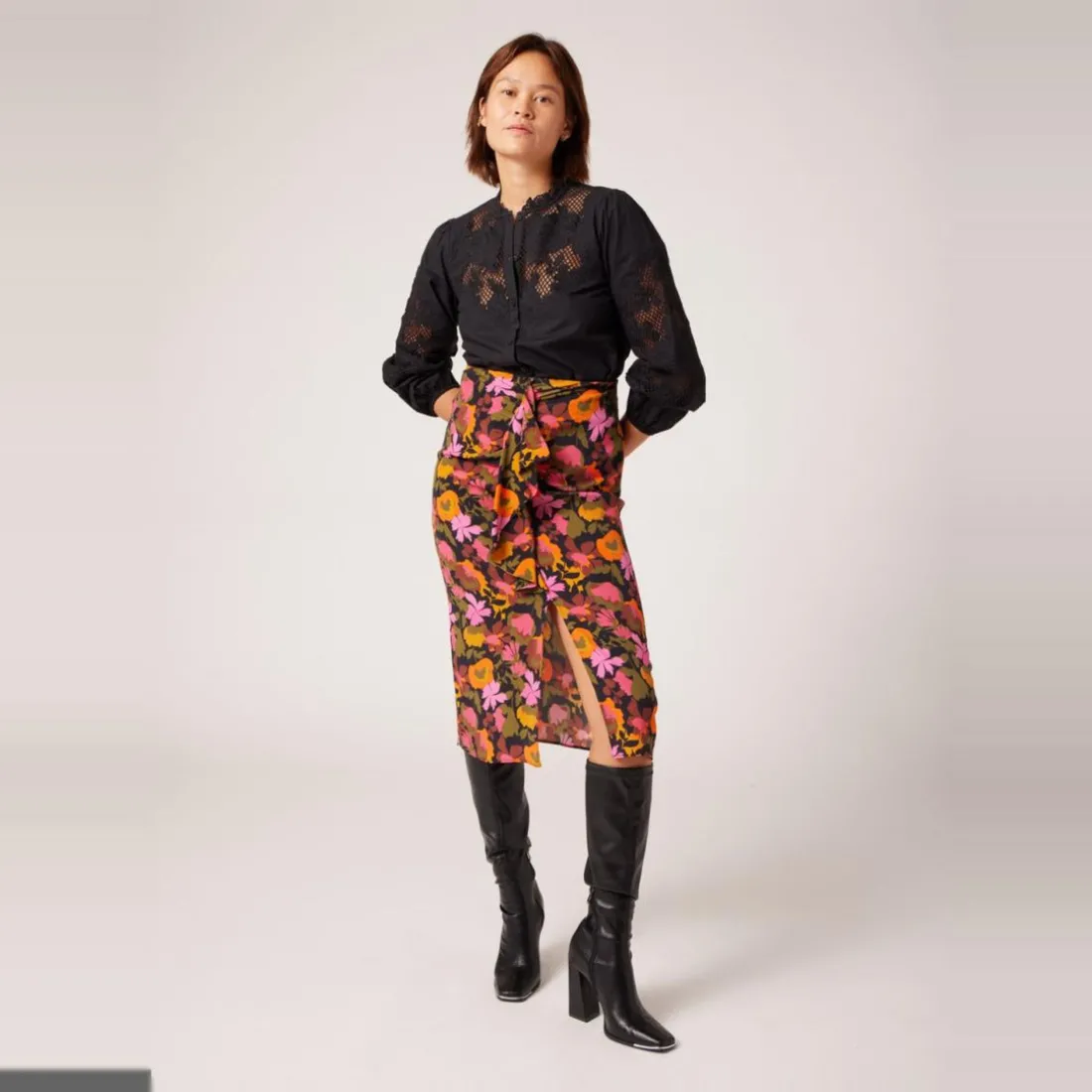 Jupe midi imprimée orange en viscose