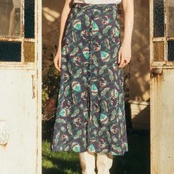 Jupe mi-longue boutonnée Caly Réédition bleu en viscose