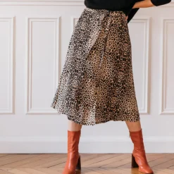 Jupe mi-longue boutonnée devant léopard Beige en viscose