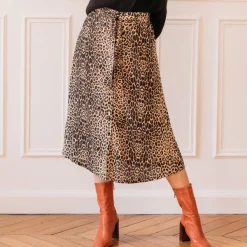 Jupe mi-longue boutonnée devant léopard Beige en viscose