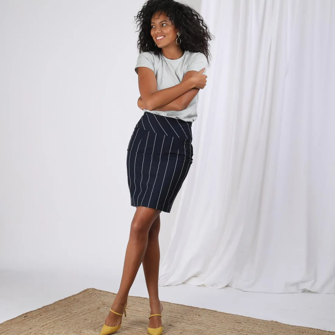 Jupe rayée coupe crayon doublée fente dos femme - Rayé Bleu Marine