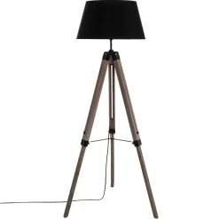 Lampadaire Trepied en Bois de Pin et Tissu H145 Noir NOOR