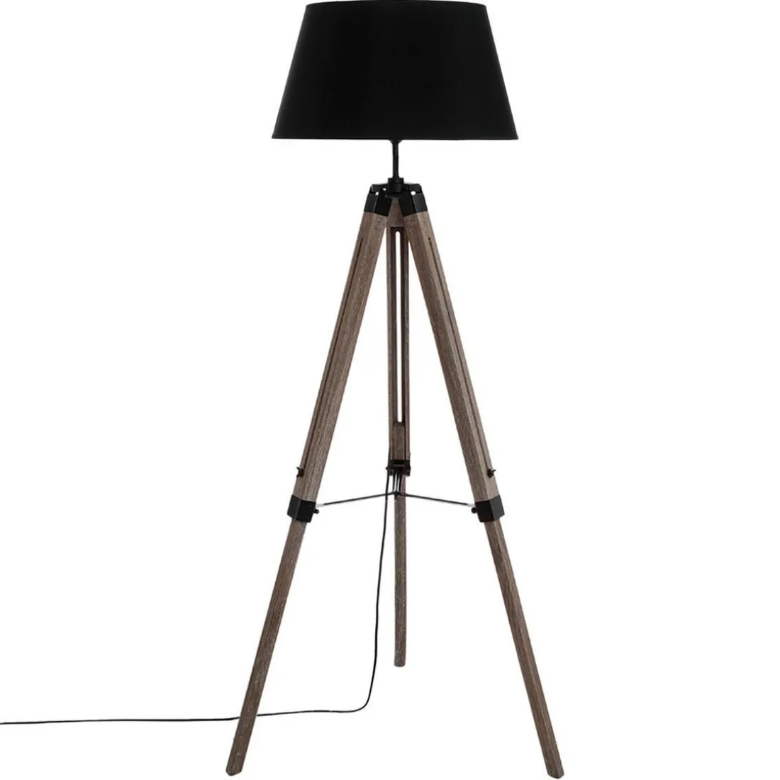 Lampadaire Trepied en Bois de Pin et Tissu H145 Noir NOOR