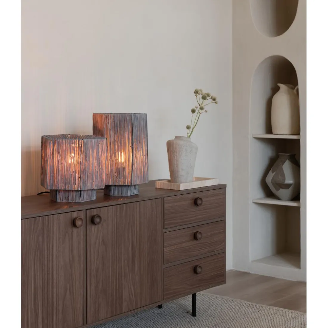 Lampe de table raphia Panama ronde octogonale gris