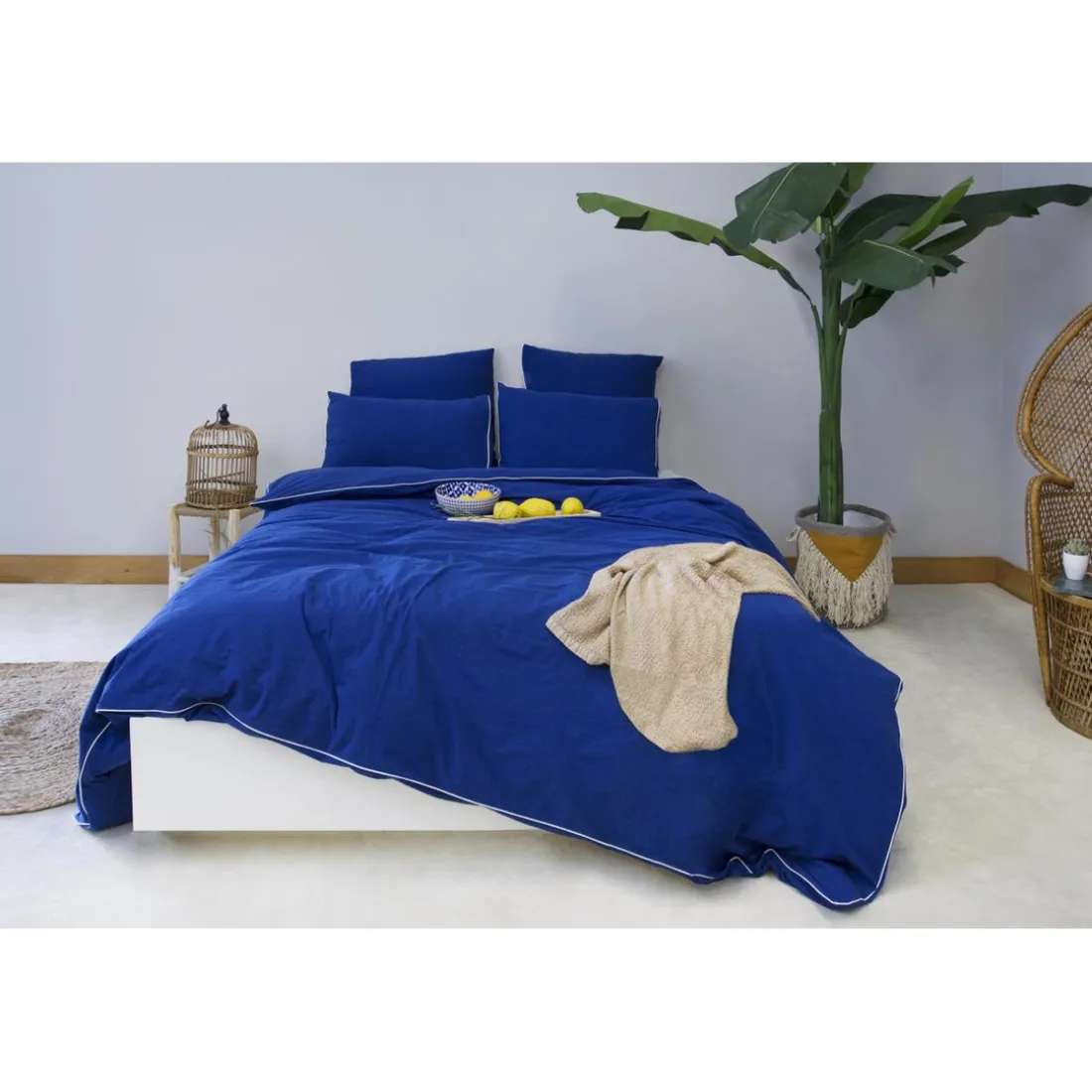 Les signatures - Housse de couette en percale de coton - Bleu marine/passepoil blanc