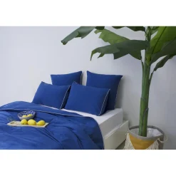 Les signatures - Housse de couette en percale de coton - Bleu marine/passepoil blanc