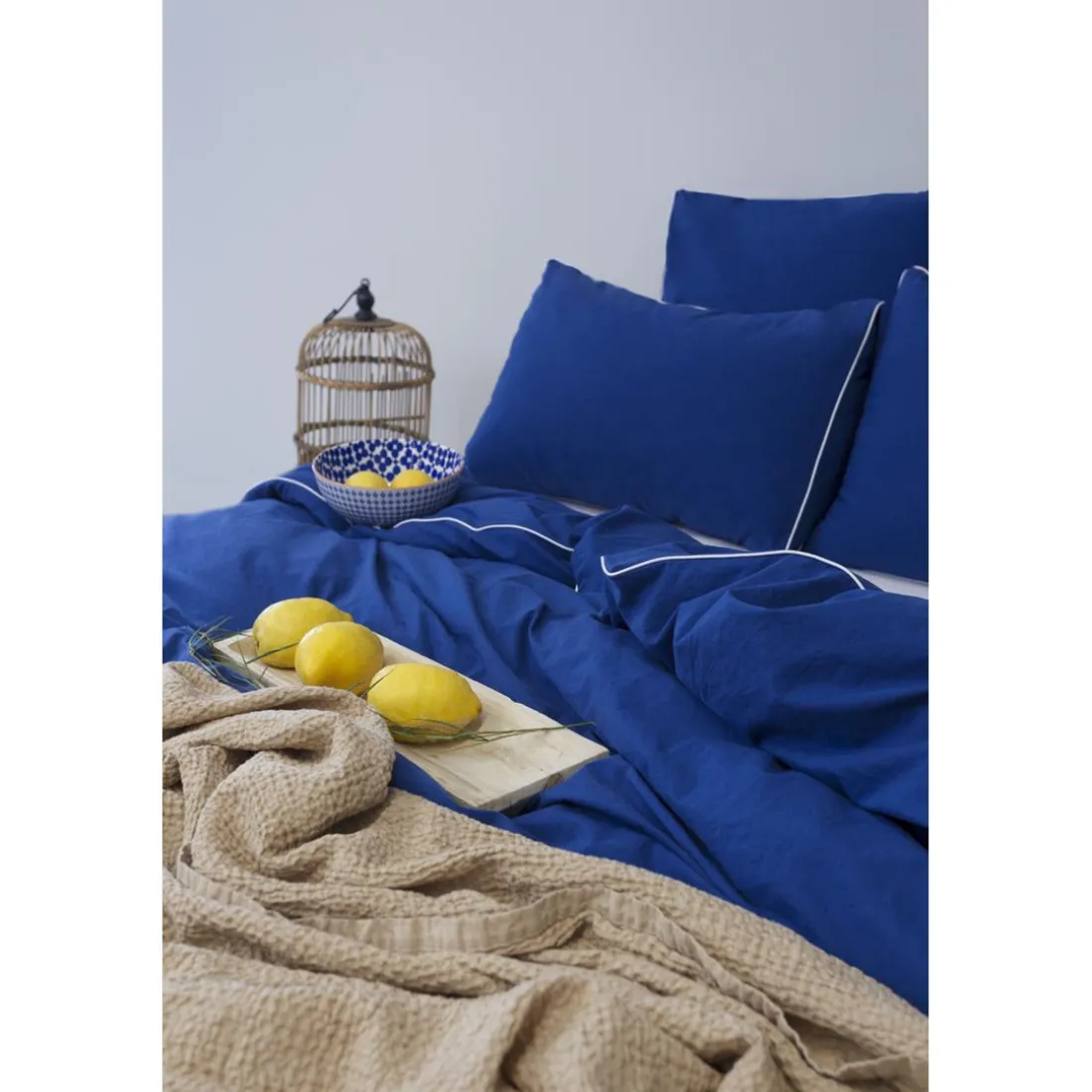 Les signatures - Housse de couette en percale de coton - Bleu marine/passepoil blanc