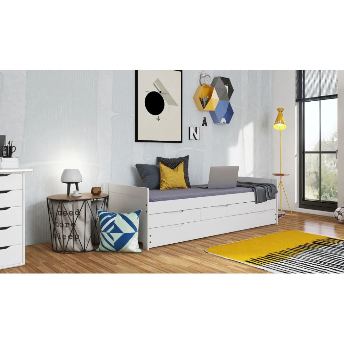 Lit à tiroirs 90x200 cm pin massif blanc