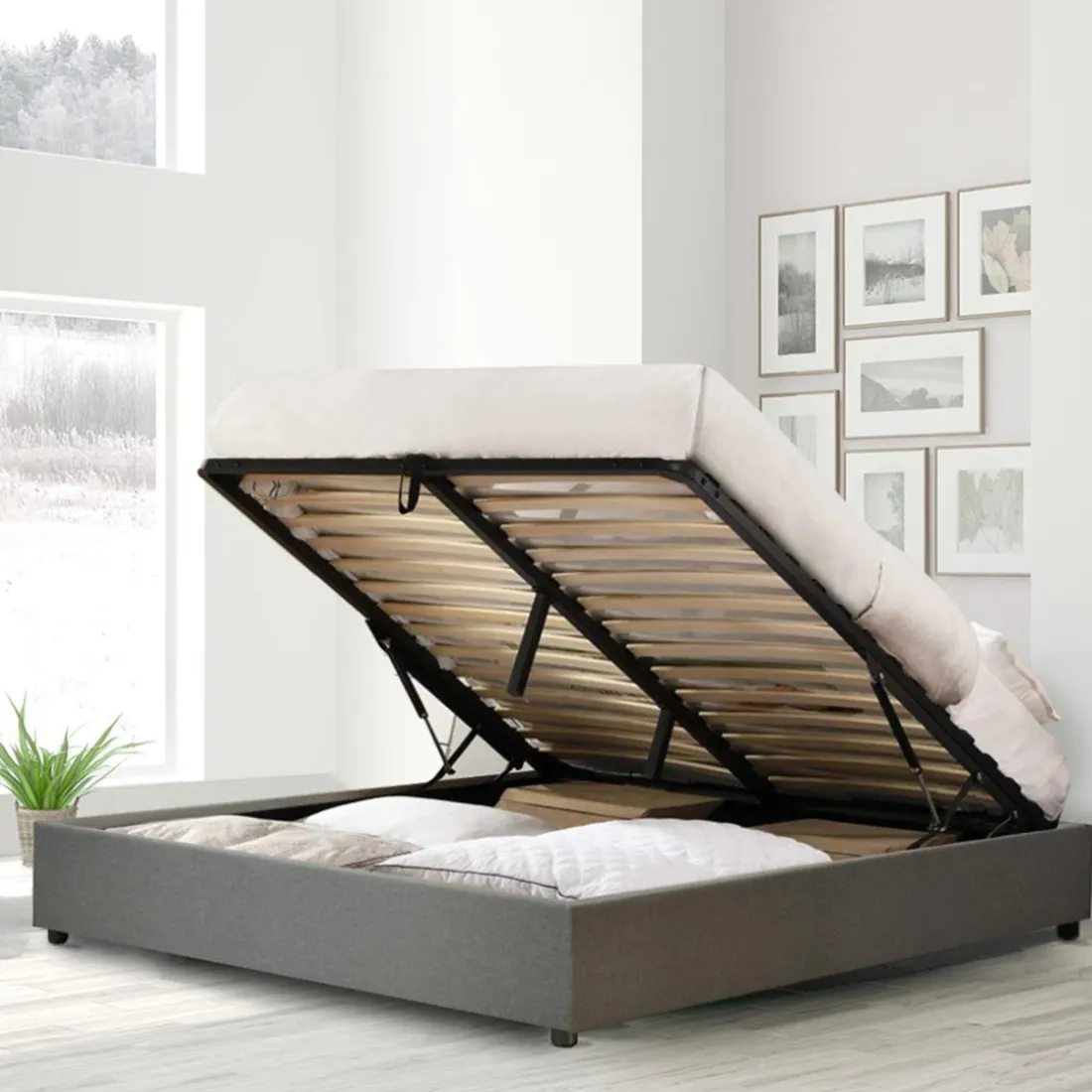 Lit coffre cancun tissu gris clair