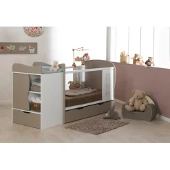 Lit Combiné Bébé Enfant Blanc/Lin avec Tiroir BELEM