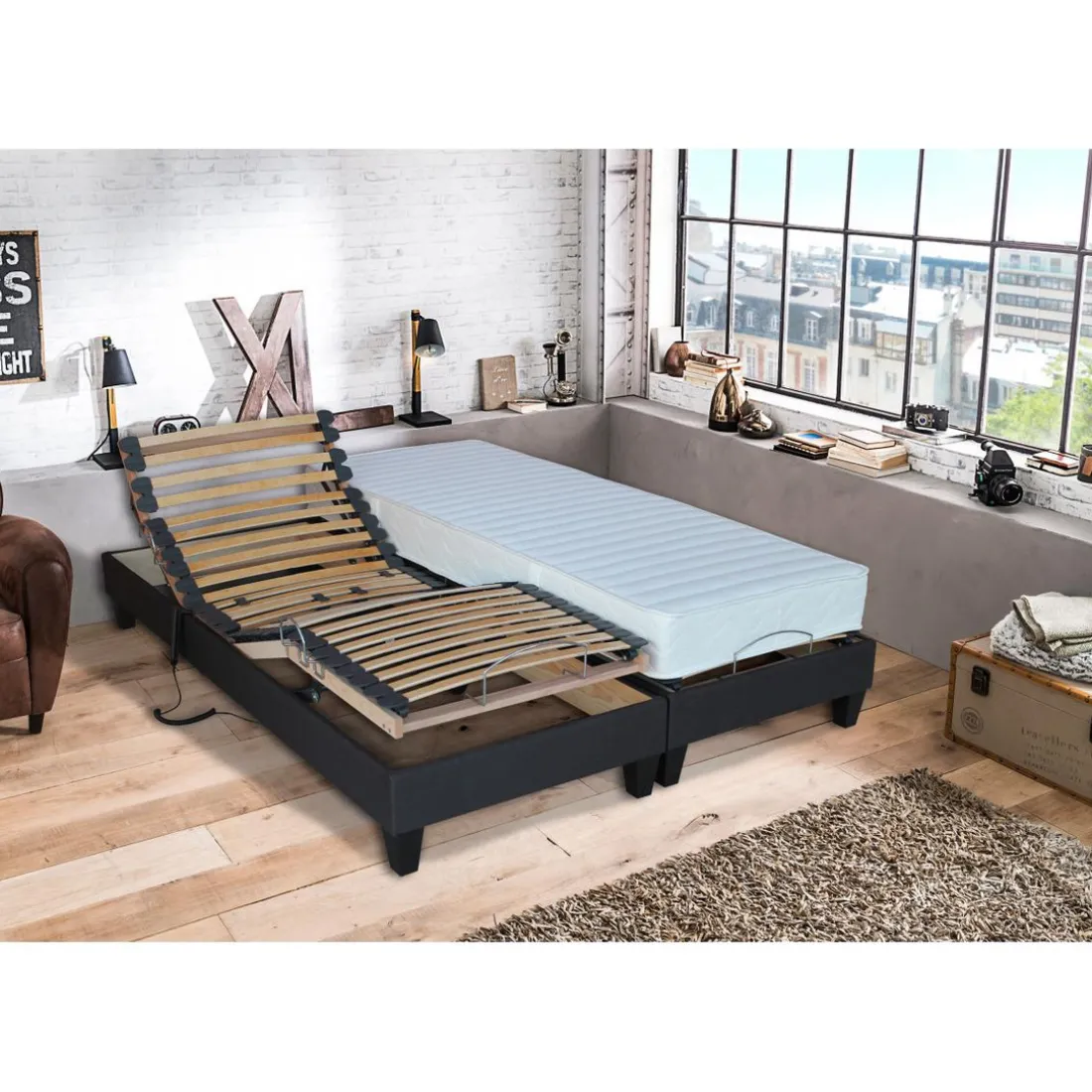Lit de Relaxation Matelas Mousse à Mémoire de Forme et Sommier Electrique et 8 Pieds RUHE