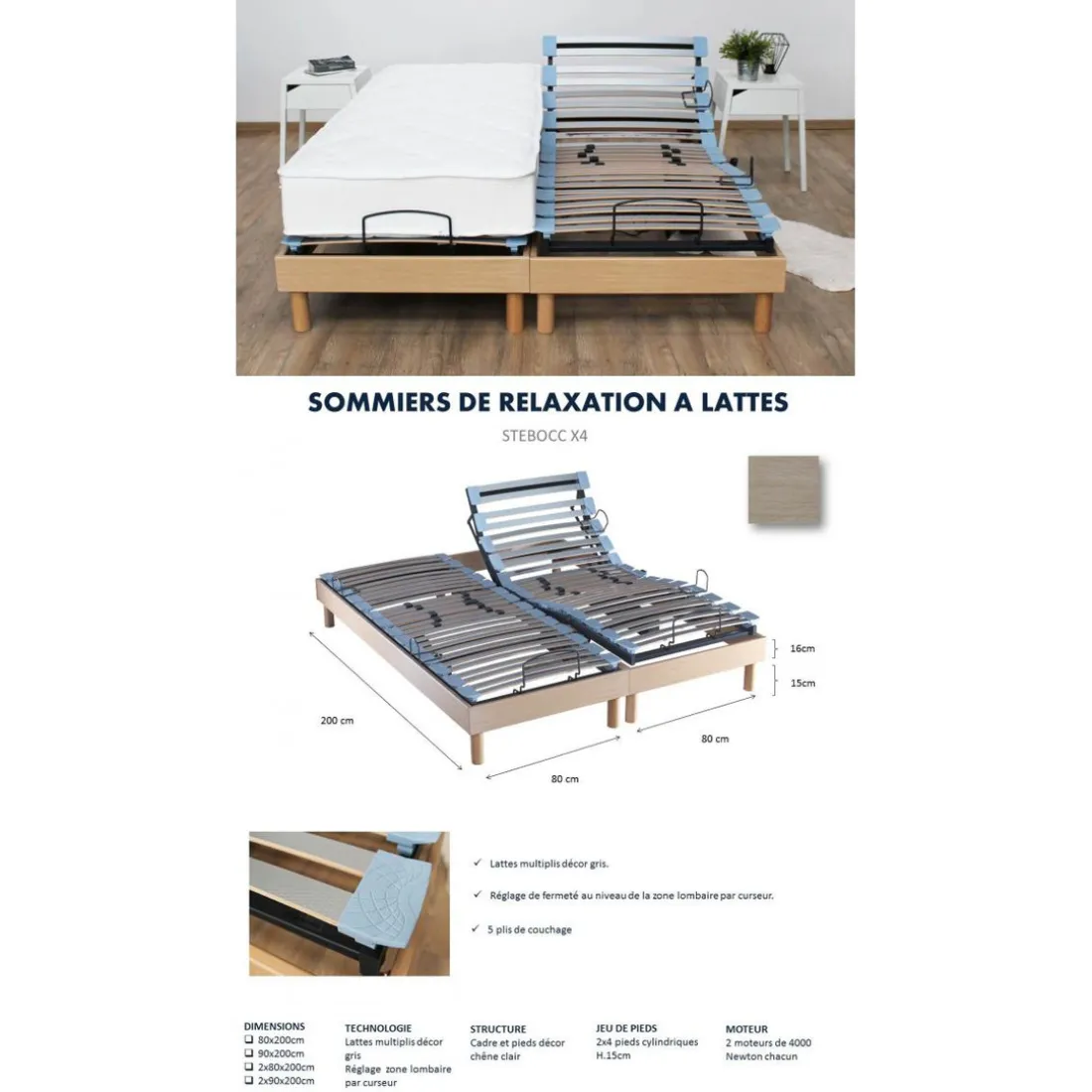 Lit de Relaxation Matelas Mousse à Mémoire de Forme et Sommier Electrique à Lattes Hêtre RUHE