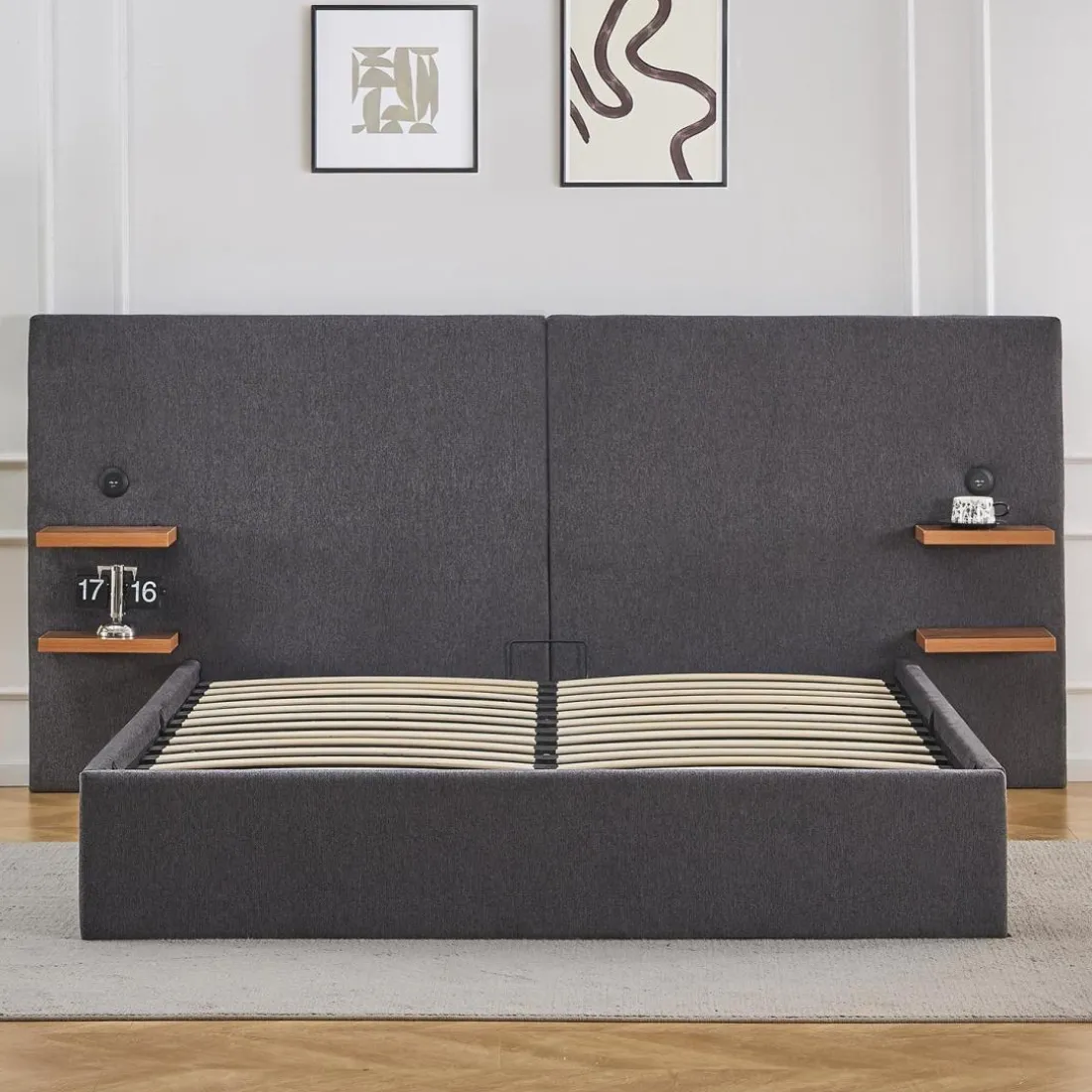 Lit-coffre complet avec tablettes et ports USB intégrés Lukas Tissu Gris