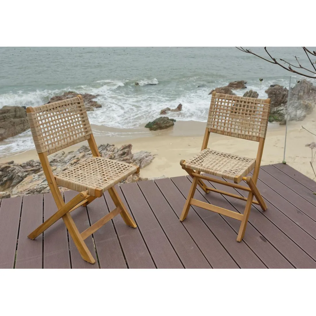 Lot de 2 chaises de jardin en acacia massif et corde