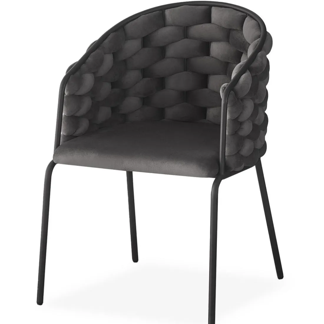 Lot de 4 chaises design au dossier arrondi style maillage Tricotane Velours Gris et Métal Noir