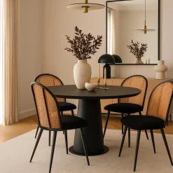 Lot de 4 chaises design Showan avec cannage Rotin et Tissu bouclette Noir