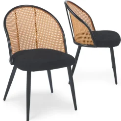 Lot de 2 chaises design Showan avec cannage Rotin et Tissu bouclette Noir