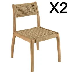 Lot de 2 chaises jardin teck rotin synthétique tressé beige VALERIA