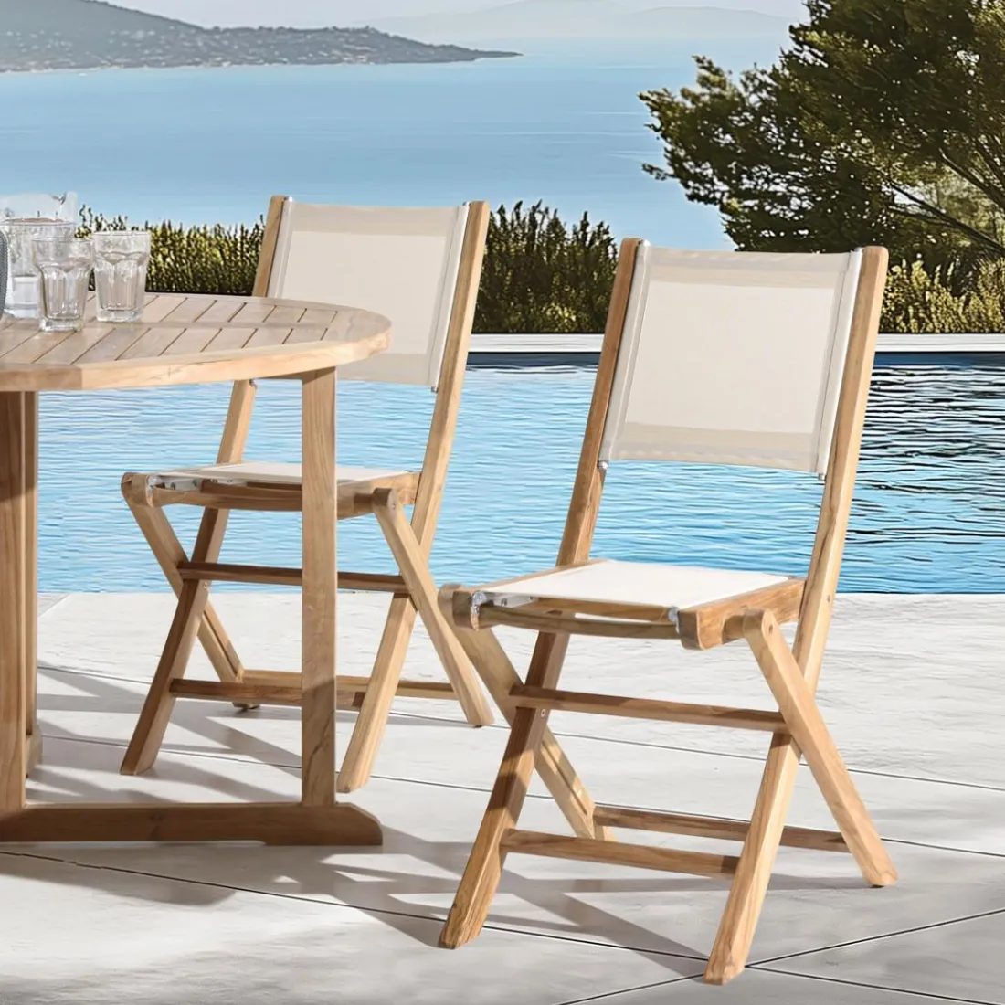 Lot de 2 chaises pliantes textilène couleur beige