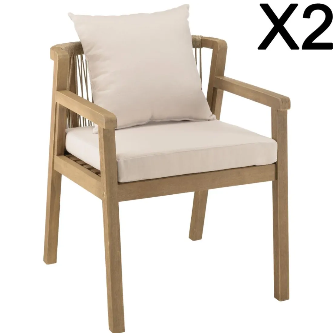 Lot de 2 fauteuils acacia beige coussins gris CELESTIN